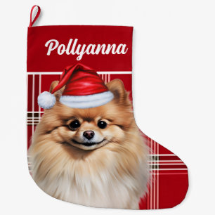 Cute Pomeranian Dog Red White Plaid Custom Large Christmas Stocking