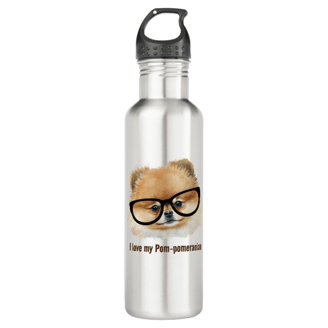 Cute  pomeranian dog with eye glasses 710 ml water bottle (Front)