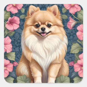 Cute Pomeranian Dog With Pink Petunias  Square Sticker