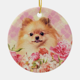 Cute Pomeranian German Spitz with Flowers Ceramic Tree Decoration
