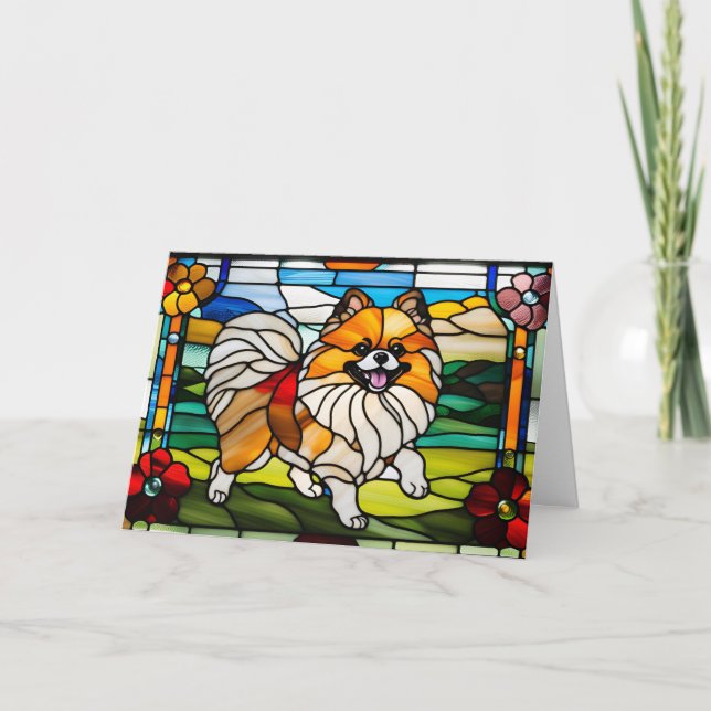 Cute Pomeranian Stained Glass Card (Front)