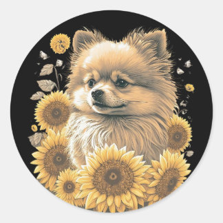 Cute Pomeranian Sunflower Lover Drawing Art  Classic Round Sticker