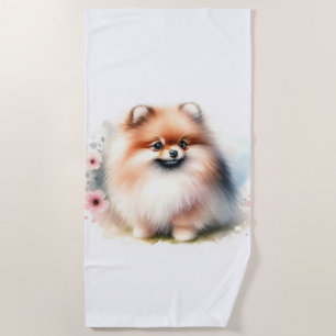 Cute Pomeranian watercolor illustration Beach Towel