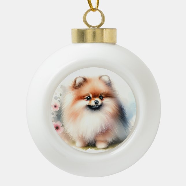 Cute Pomeranian watercolor illustration Ceramic Ball Christmas Ornament (Front)