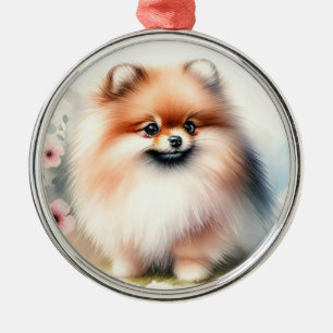 Cute Pomeranian watercolor illustration Metal Tree Decoration