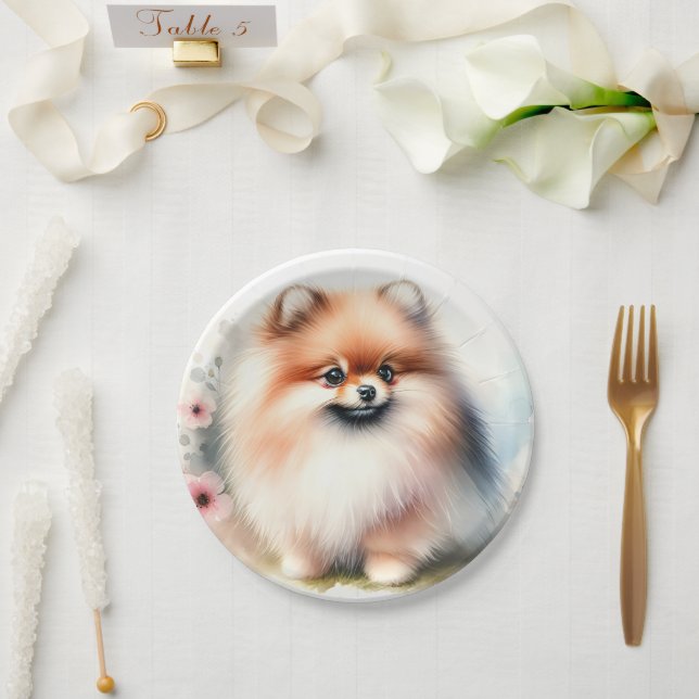 Cute Pomeranian watercolor illustration Paper Plate (Wedding)