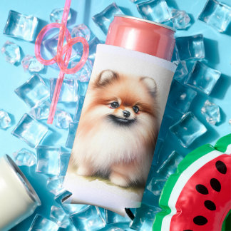 Cute Pomeranian watercolor illustration Seltzer Can Cooler