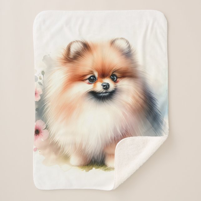 Cute Pomeranian watercolor illustration Sherpa Blanket (Front)