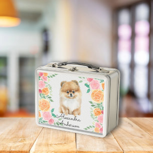 Cute Pomeranian with watercolor flowers monogram Metal Lunch Box