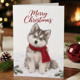 cute pomsky puppy, dog lover, merry christmas, hus card