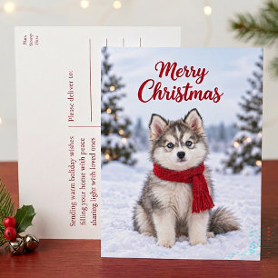 Cute Pomsky Puppy Husky Dog Lover Merry Christmas Holiday Postcard