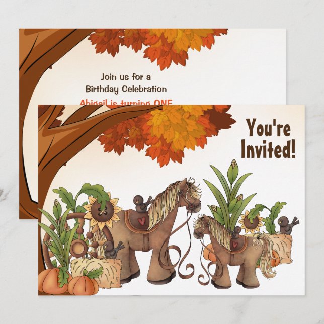 Cute Ponies Autumn Horse 1st Birthday Party Invitation (Front/Back)