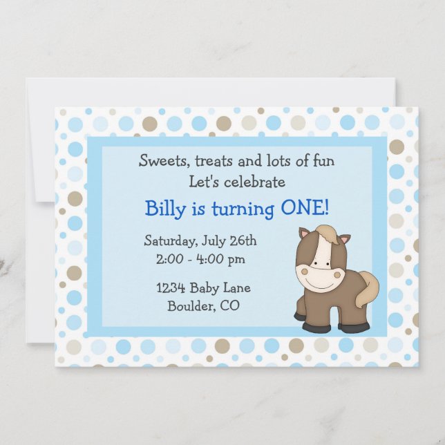 Cute Pony 1st Birthday Invitation for Boys (Front)