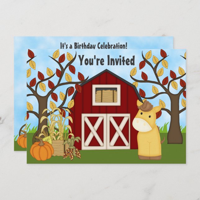 Cute Pony and Red Barn Autumn Horse Birthday Invitation (Front/Back)
