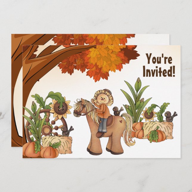 Cute Pony and Scarecrow Fall Horse Birthday Invitation (Front/Back)
