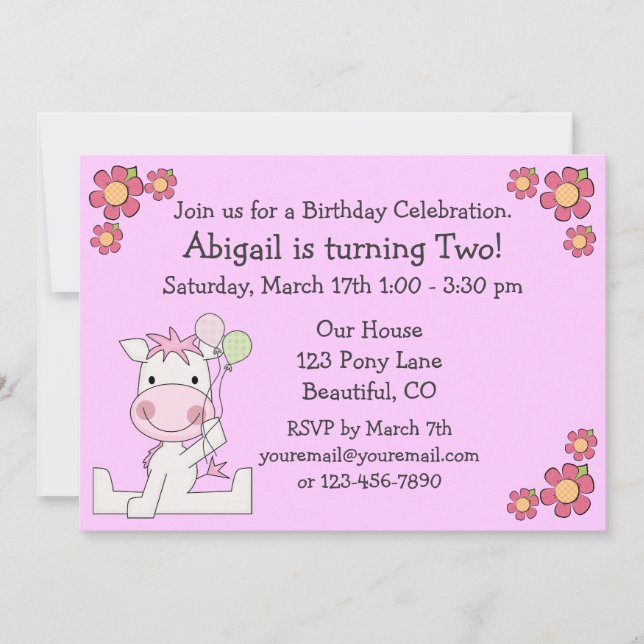 Cute Pony Birthday Invitation for Girls (Front)