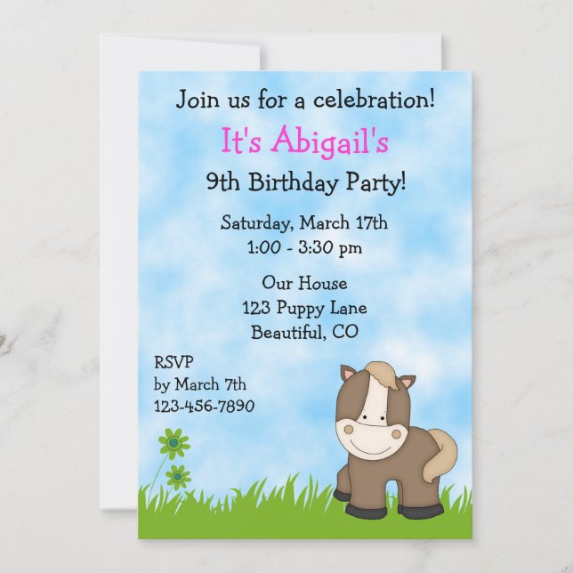 Cute Pony Birthday Invitation for Girls (Front)