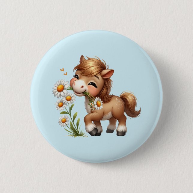 Cute Pony Eating Daisies 6 Cm Round Badge (Front)