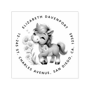 Cute Pony Eating Daisies Address Self-inking Stamp