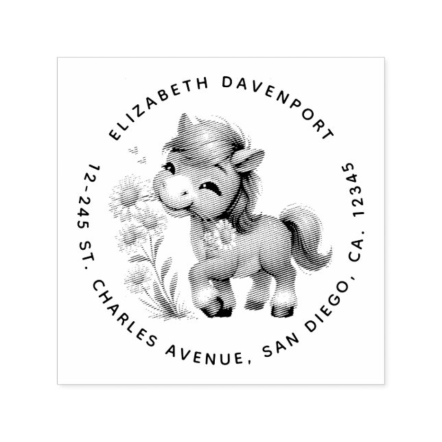Cute Pony Eating Daisies Address Self-inking Stamp (Design)