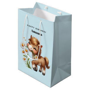 Cute Pony Eating Daisies Birthday Medium Gift Bag