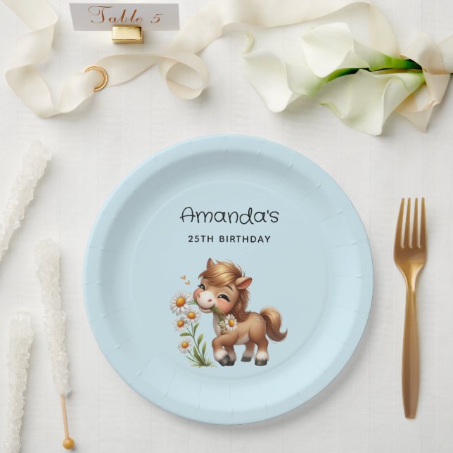 Cute Pony Eating Daisies Birthday Paper Plate (Wedding)