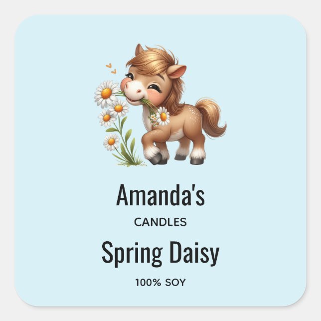 Cute Pony Eating Daisies Candle Business Square Sticker (Front)