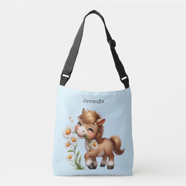 Cute Pony Eating Daisies Crossbody Bag (Front)