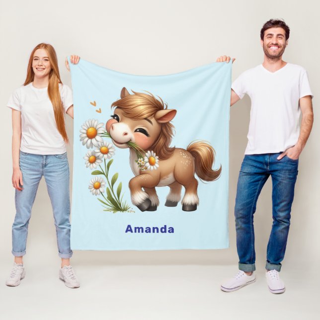 Cute Pony Eating Daisies Fleece Blanket (In Situ)