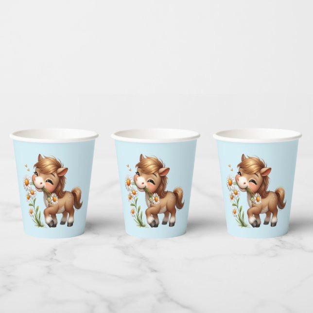 Cute Pony Eating Daisies Paper Cups (Multi)