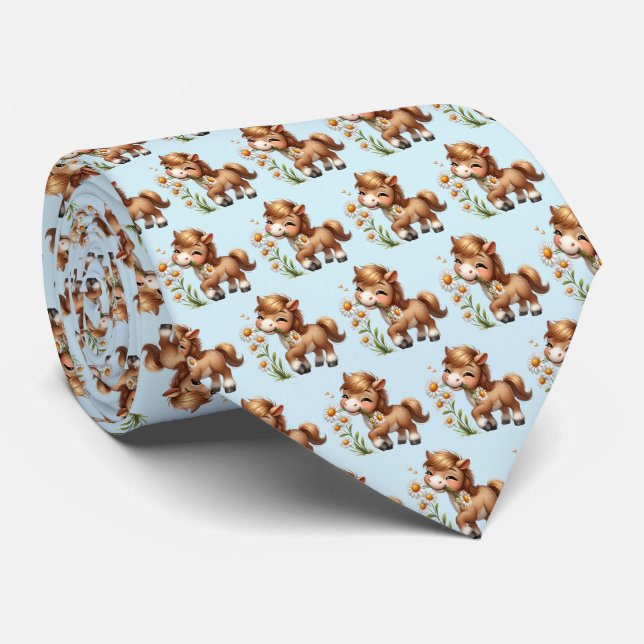 Cute Pony Eating Daisies Pattern Tie (Rolled)