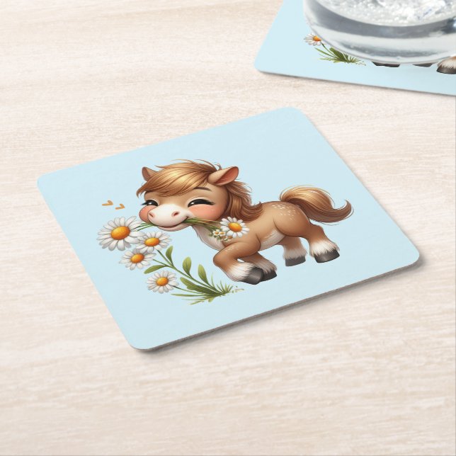 Cute Pony Eating Daisies Square Paper Coaster (Angled)