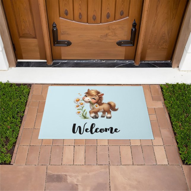 Cute Pony Eating Daisies Welcome Doormat (Outdoor)