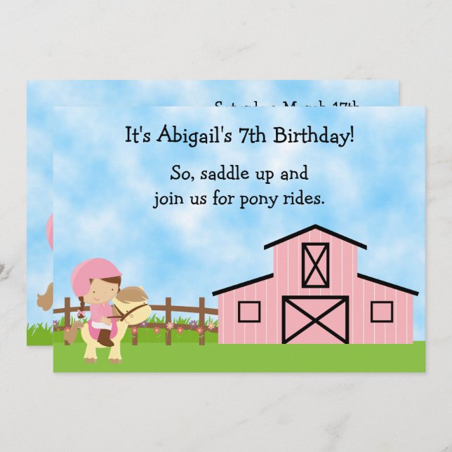 Cute Pony Rides and Pink Barn Horse Birthday Invitation (Front/Back)