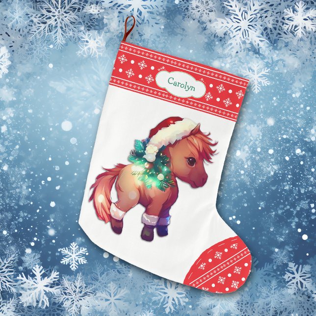 Cute Pony Snowflake Red Border Kids Large Christmas Stocking (Creator Uploaded)