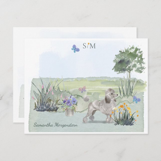Cute Poodle Butterfly Meadow  Monogram & Name     Card (Front/Back)