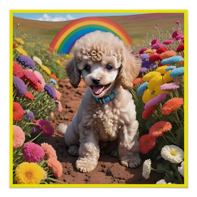Cute Poodle Colourful flower and rainbow Poster (Front)