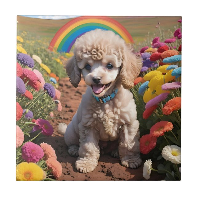 Cute Poodle Colourful flower and rainbow Tile (Front)