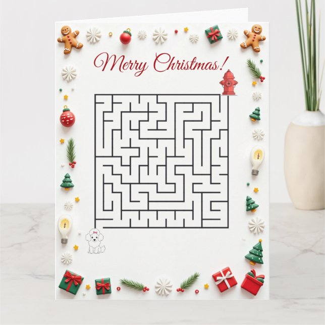 Cute Poodle Dog Christmas Maze Puzzle Holiday Card (Front)