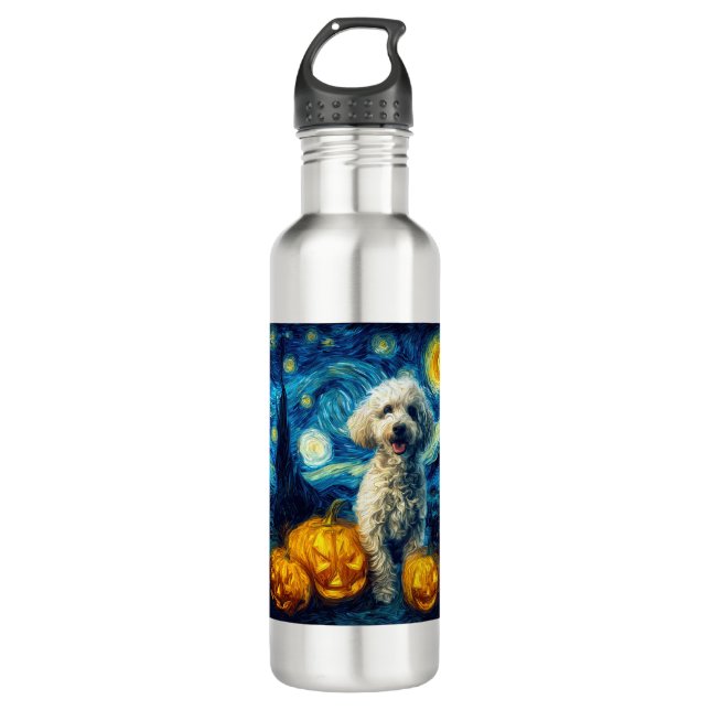 Cute Poodle Dog Halloween Jack O Lantern Pumpkin F 710 Ml Water Bottle (Front)