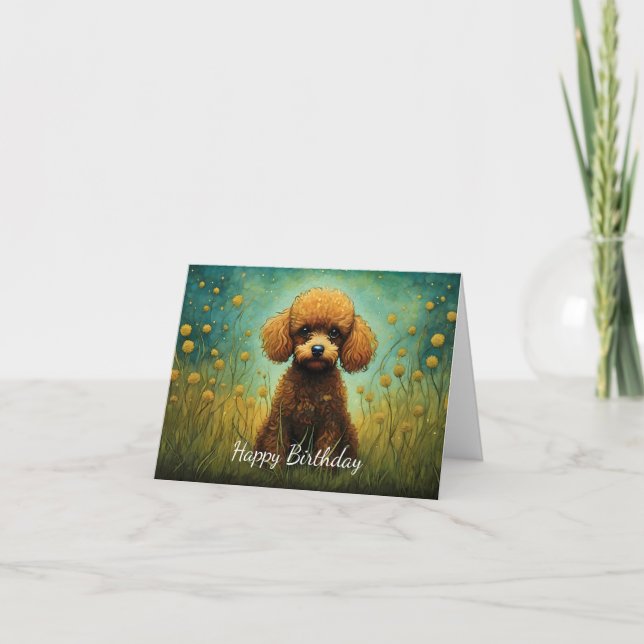 Cute Poodle Flower Meadow Happy Birthday Card (Front)