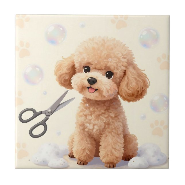 Cute Poodle Grooming Bubbles Scissors  Tile (Front)