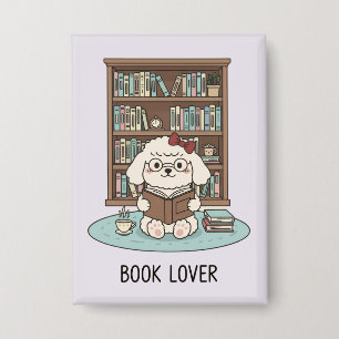 Cute Poodle Puppy Dog "Book Lover" Pastel Button 