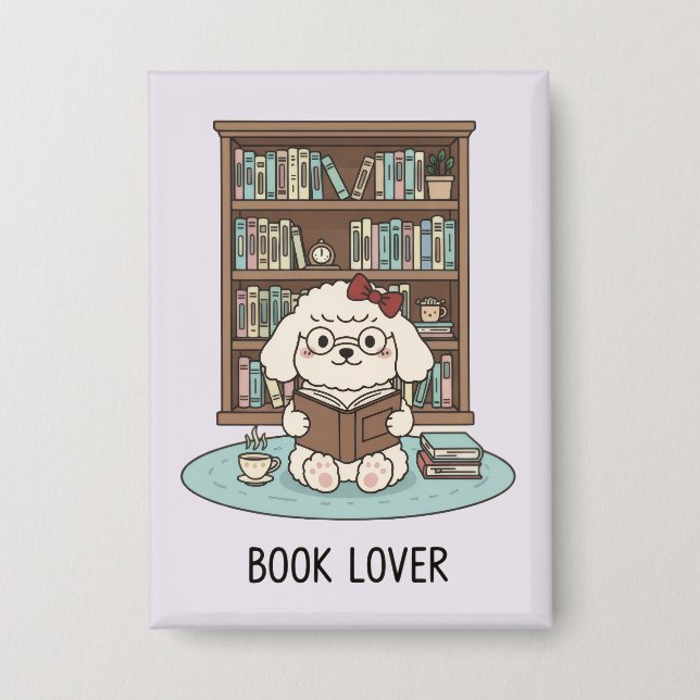 Cute Poodle Puppy Dog "Book Lover" Pastel Button  (Front)