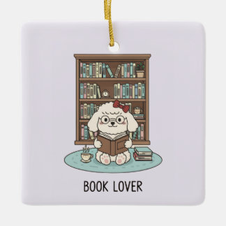 Cute Poodle Puppy Dog Book Lover Pastel Christmas Ceramic Ornament