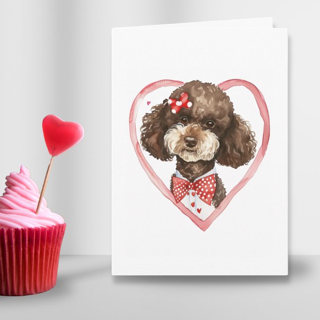 Cute Poodle Valentines Day Dog Mum Love Pink Red  Holiday Card (Poodle heart Valentines day watercolor folded card for cute dog mom parent or couple in love gift )