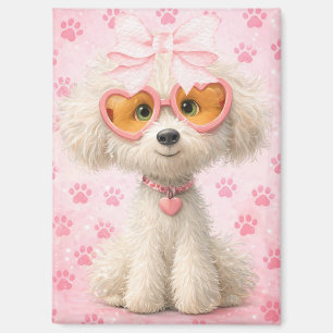 Cute Poodle with Pink Paw Prints and Bow Magnet