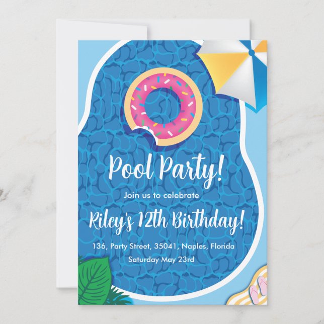 Cute Pool Doughnut theme party invitation (Front)
