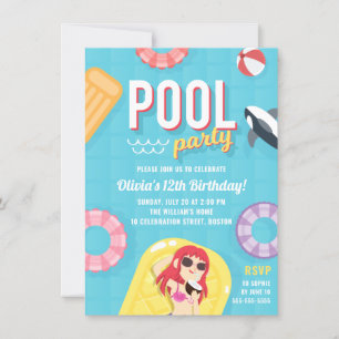 Cute Pool Party Birthday Invitation Blue Purple