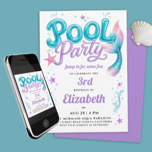 Cute Pool Party  Blue Purple Mermaid Tail Invitation